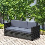 Outsunny Garden Rattan Sofa 3 Seater All-weather Wicker Weave Metal Frame Chair With Fire Resistant Cushion - Grey