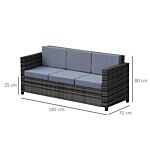 Outsunny Garden Rattan Sofa 3 Seater All-weather Wicker Weave Metal Frame Chair With Fire Resistant Cushion - Grey