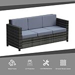 Outsunny Garden Rattan Sofa 3 Seater All-weather Wicker Weave Metal Frame Chair With Fire Resistant Cushion - Grey