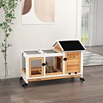 Pawhut Wooden Rabbit Hutch, Guinea Pig Cage, With Removable Tray, Wheels - Yellow