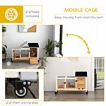 Pawhut Wooden Rabbit Hutch, Guinea Pig Cage, With Removable Tray, Wheels - Yellow