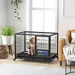 Pawhut 43" Heavy Duty Dog Crate On Wheels W/ Bowl Holder, Removable Tray, Detachable Top, Double Doors For L, Xl Dogs