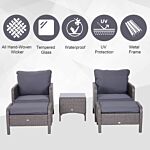 Outsunny 2 Seater Rattan Garden Furniture Set Wicker Weave Sofa Chair With Footstool And Coffee Table Thick Cushions Dark Grey