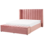 Eu Super King Size Panel Bed Pink Velvet 6ft Slatted Base High Headrest With Storage Bench Beliani