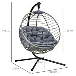 Outsunny Pe Rattan Swing Chair, Outdoor Hanging Chair With Metal Stand, Thick Padded Cushion, Foldable Basket And Cup Holder, For Indoor Outdoor Grey