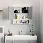 Kleankin Bathroom Mirror Cabinet, Wall Mounted With Double Mirrored Doors, Organiser Wall Mounted, Cupboard And Shelf, Grey