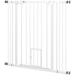 Pawhut Extra Tall Pet Gate, Indoor Dog Safety Gate, With Cat Flap, Auto Close, 74-101cm Wide - White