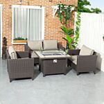 Outsunny 5-piece Rattan Patio Furniture Set With Gas Fire Pit Table, Loveseat Sofa, Armchairs, Cushions, Pillows, Deep Brown