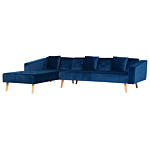 Corner Sofa Bed With 3 Pillows Blue Velvet Upholstery Light Wood Legs Reclining Right Hand Chaise Longue 4 Seater Beliani