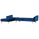 Corner Sofa Bed With 3 Pillows Blue Velvet Upholstery Light Wood Legs Reclining Right Hand Chaise Longue 4 Seater Beliani