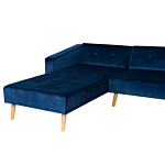 Corner Sofa Bed With 3 Pillows Blue Velvet Upholstery Light Wood Legs Reclining Right Hand Chaise Longue 4 Seater Beliani