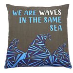 Printed Cotton Cushion Cover - We Are Waves - Grey, Blue And Natural