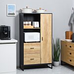 Homcom Kitchen Cupboard, Freestanding Storage Cabinet With Soft Close Door, Microwave Stand With Adjustable Shelves And Drawers Natural And Black