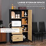 Homcom Kitchen Cupboard, Freestanding Storage Cabinet With Soft Close Door, Microwave Stand With Adjustable Shelves And Drawers Natural And Black