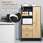 Homcom Kitchen Cupboard, Freestanding Storage Cabinet With Soft Close Door, Microwave Stand With Adjustable Shelves And Drawers Natural And Black