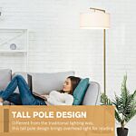 Homcom Floor Lamp, Modern Standing Light With Linen Lampshade, Round Base For Living Room, Bedroom, Dining Room, Gold And White