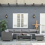 Outsunny 8-seater Pe Rattan Garden Corner Sofa Set Outdoor Wicker Conservatory Furniture Coffee Table Footstool, Grey