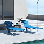 Outsunny Foldable Sun Lounger Set Of 2 With Reading Hole, Portable Sun Lounger With 5 Level Adjustable Backrest, Reclining Lounge Chair With Side Pocket, Headrest Pillow, Blue