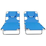 Outsunny Foldable Sun Lounger Set Of 2 With Reading Hole, Portable Sun Lounger With 5 Level Adjustable Backrest, Reclining Lounge Chair With Side Pocket, Headrest Pillow, Blue