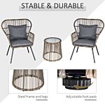 Outsunny 2 Seater Outdoor Patio Bistro Set, Wicker Rattan Furniture 2 Chairs 1 Coffee Table With Metal Legs For Garden, Backyard, Deck, Grey