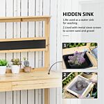 Outsunny Potting Bench Table, Garden Work Bench, Workstation With Metal Sieve Screen, Chalkboard, Hidden Sink, Drawer For Patio, Courtyards, Balcony