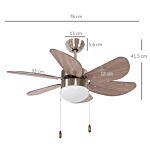 Homcom Ceiling Fan With Led Light, Flush Mount Ceiling Fan Lights With 6 Reversible Blades, Pull-chain Switch, Walnut Brown