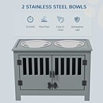 Pawhut Raised Dog Bowls For Large Dogs, Pet Feeding Station, Doors With Latch, Storage Cabinet, Two Stainless Steel Bowls, Grey