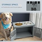 Pawhut Raised Dog Bowls For Large Dogs, Pet Feeding Station, Doors With Latch, Storage Cabinet, Two Stainless Steel Bowls, Grey