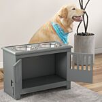 Pawhut Raised Dog Bowls For Large Dogs, Pet Feeding Station, Doors With Latch, Storage Cabinet, Two Stainless Steel Bowls, Grey