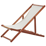 Garden Deck Chair Off-white Fabric Seat Dark Acacia Wood Frame Reclining Folding Sun Lounger Beliani