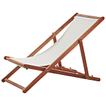 Garden Deck Chair Off-white Fabric Seat Dark Acacia Wood Frame Reclining Folding Sun Lounger Beliani