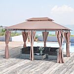 Outsunny 4m X 3(m) Metal Gazebo Canopy Party Tent Garden Pavillion Patio Shelter Pavilion With Curtains Sidewalls Brown