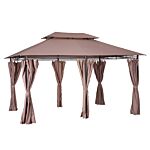 Outsunny 4m X 3(m) Metal Gazebo Canopy Party Tent Garden Pavillion Patio Shelter Pavilion With Curtains Sidewalls Brown