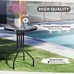 Outsunny Φ60×70h Cm Round Metal Table, Garden Table Tempered Glass-black