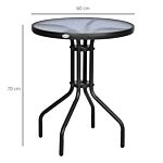 Outsunny Φ60×70h Cm Round Metal Table, Garden Table Tempered Glass-black