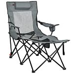 Outsunny Foldable Reclining Garden Chairs With Footrest And Adjustable Backrest, Portable Camping Chair With Headrest, Cup Holder And Carry Bag, Grey