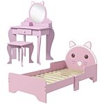 Zonekiz Wooden Kids Bedroom Furniture Set With Kids Dressing Table, Stool, Bed, For 3-6 Years, Cat-design