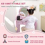 Zonekiz Wooden Kids Bedroom Furniture Set With Kids Dressing Table, Stool, Bed, For 3-6 Years, Cat-design