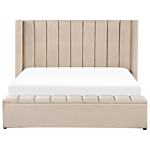 Eu Super King Size Panel Bed Beige Velvet 6ft Slatted Base High Headrest With Storage Bench Beliani