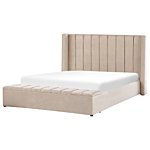 Eu Super King Size Panel Bed Beige Velvet 6ft Slatted Base High Headrest With Storage Bench Beliani