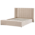 Eu Super King Size Panel Bed Beige Velvet 6ft Slatted Base High Headrest With Storage Bench Beliani