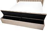 Eu Super King Size Panel Bed Beige Velvet 6ft Slatted Base High Headrest With Storage Bench Beliani