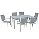 Outsunny 7 Piece Garden Dining Set, Outdoor Table And 6 Stackable Chairs, Steel Frame, Tempered Glass Top Table, Mesh Seats, Grey