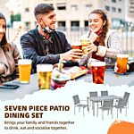 Outsunny 7 Piece Garden Dining Set, Outdoor Table And 6 Stackable Chairs, Steel Frame, Tempered Glass Top Table, Mesh Seats, Grey