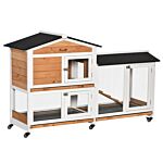 Pawhut Two-tier Wooden Rabbit Hutch Mobile Guinea Pig Cage Bunny Run W/ Wheels, Run, Slide-out Tray, Ramp