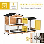 Pawhut Two-tier Wooden Rabbit Hutch Mobile Guinea Pig Cage Bunny Run W/ Wheels, Run, Slide-out Tray, Ramp