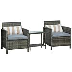 Outsunny Garden Rattan Furniture 3 Pieces Patio Bistro Set Wicker Weave Conservatory Sofa Chair & Table Set With Cushion Pillow - Grey