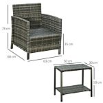 Outsunny Garden Rattan Furniture 3 Pieces Patio Bistro Set Wicker Weave Conservatory Sofa Chair & Table Set With Cushion Pillow - Grey