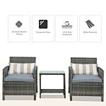 Outsunny Garden Rattan Furniture 3 Pieces Patio Bistro Set Wicker Weave Conservatory Sofa Chair & Table Set With Cushion Pillow - Grey