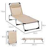 Outsunny Foldable Reclining Sun Lounger Lounge Chair Camping Bed Cot With Pillow 5-level Adjustable Back Aluminium Frame Khaki